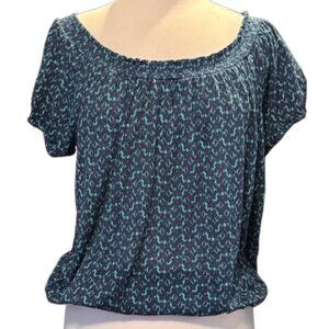 Daisy Fuentes Short Sleeve Top Abstract Blue Blouse Scoop Neck Soft Blouson SM